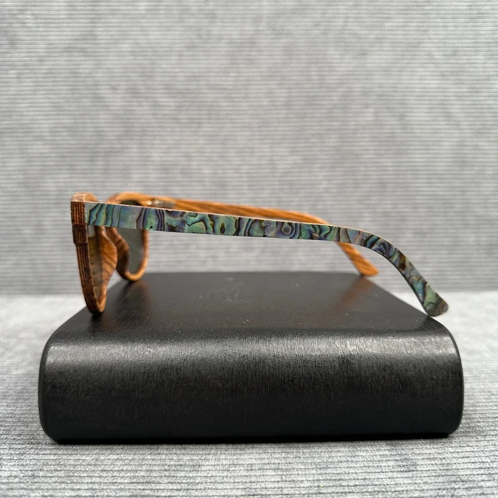 Soul California Wood Abalone Shell Sunglasses Blue Mirrored Lens Boho Wayfarer